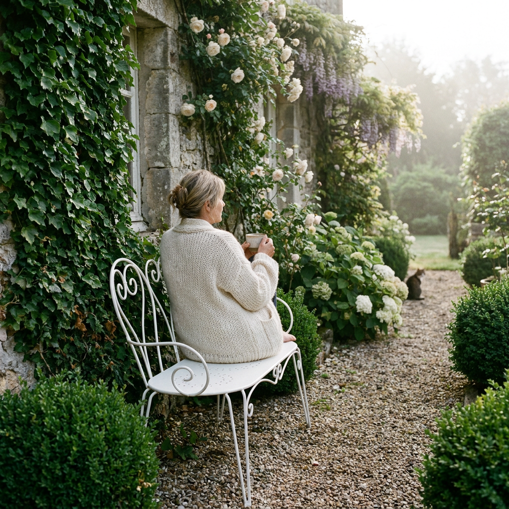 Femme prenant son café sur un banc de jardin blanc ajouré adossé à un mur de pierre, silhouette de banc de parc